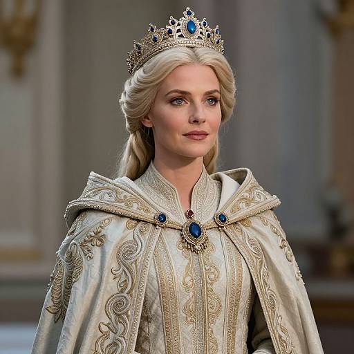 Photograph of a regal blonde woman with blue eyes, wearing an ornate silver crown, and an elaborate, embroidered, silver royal cape with blue