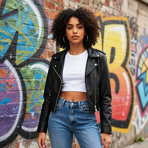 Photograph of a young Black woman with curly hair, wearing a black leather jacket, white crop top, and blue jeans, standing in front of colorful