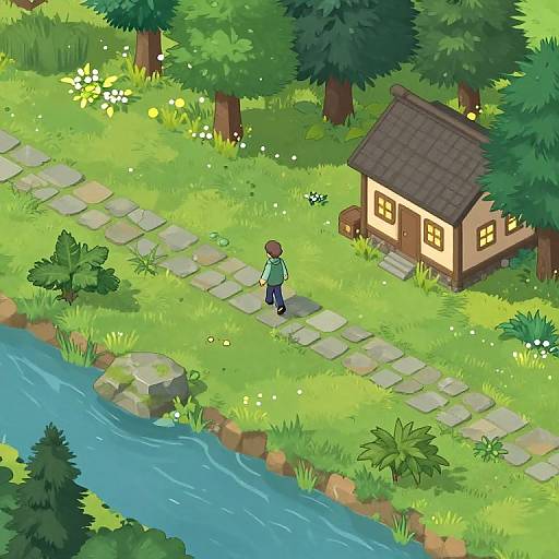 Digital illustration of a child in a green shirt walking along a stone path beside a small house and a bright blue river. Lush greenery and trees