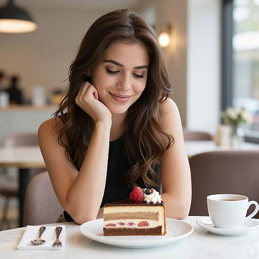 Photograph of a smiling brunette woman with wavy hair, wearing a black sleeveless top, enjoying a slice of cake with strawberries and whipped cream,