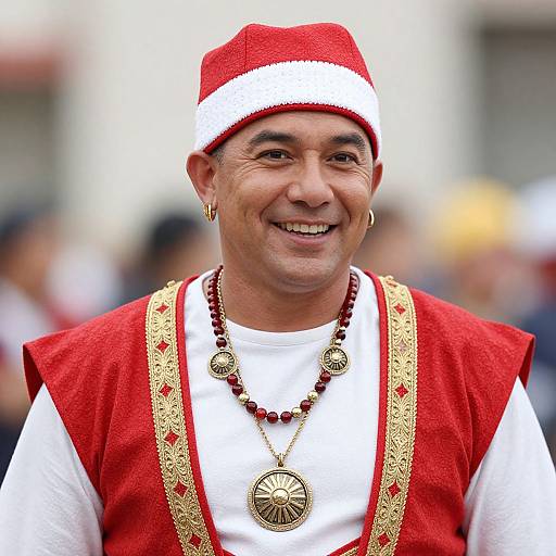 Charismatic Man in Festive Red Costume