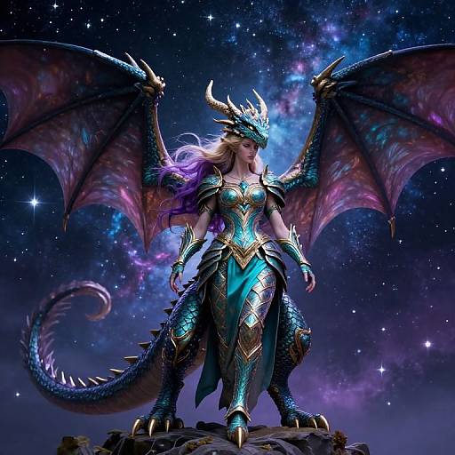 Digital artwork of a powerful, blue-scaled dragon-woman with glowing purple hair, large wings, and intricate gold armor standing on a rocky outcrop