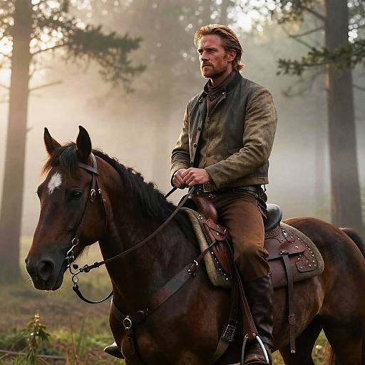 Photograph of a bearded man with brown hair, wearing a green jacket and brown pants, riding a dark brown horse in a misty forest at