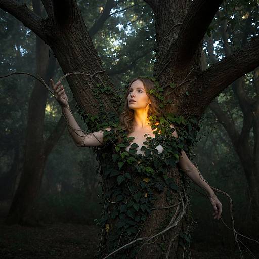 Photograph of a fair-skinned woman with wavy auburn hair, partially wrapped in ivy, standing in a dark forest, arms and