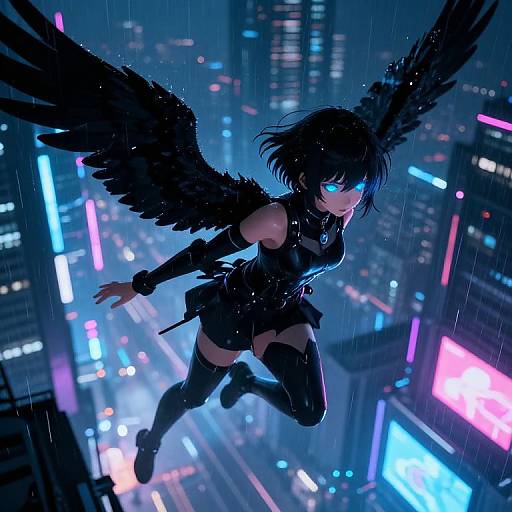 Digital anime artwork of a black-winged, glowing-blue-eyed female angel with short black hair, flying over a neon-lit, rainy cityscape at