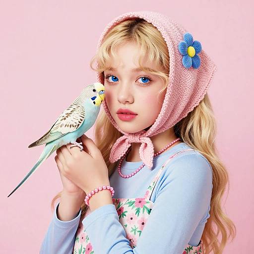 Blonde Girl with Parakeet Portrait