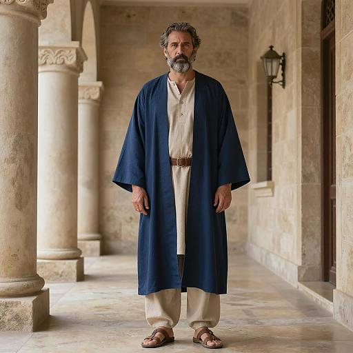 Photograph of a middle-aged man with gray beard and curly hair, wearing a blue robe over white tunic, brown sandals, standing in a sun
