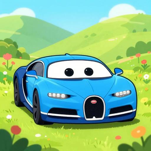 Cartoon blue sports car with large white eyes, parked on a vibrant green hillside with colorful flowers and rolling hills.