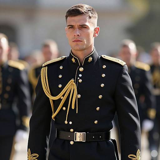 Photograph of a young, handsome male soldier in a black military uniform with gold epaulettes and ornate gold cord, standing confidently in a