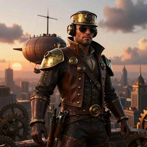 Steampunk Airship Captain at Sunset