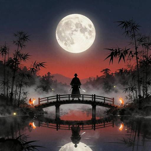 Digital art: Silhouetted warrior on bridge, moonlit red sky, bamboo, fire torches, misty reflection, full moon, serene