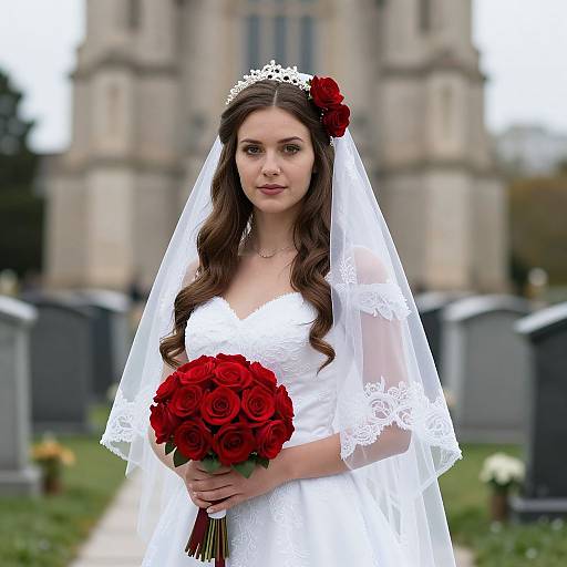 Cemetery Bride in White Wedding Dress