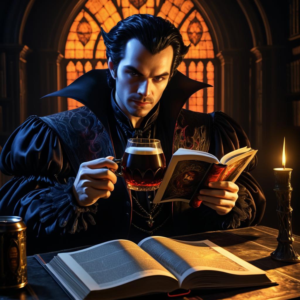 Vampire Reading with Beer in Dramatic Detail