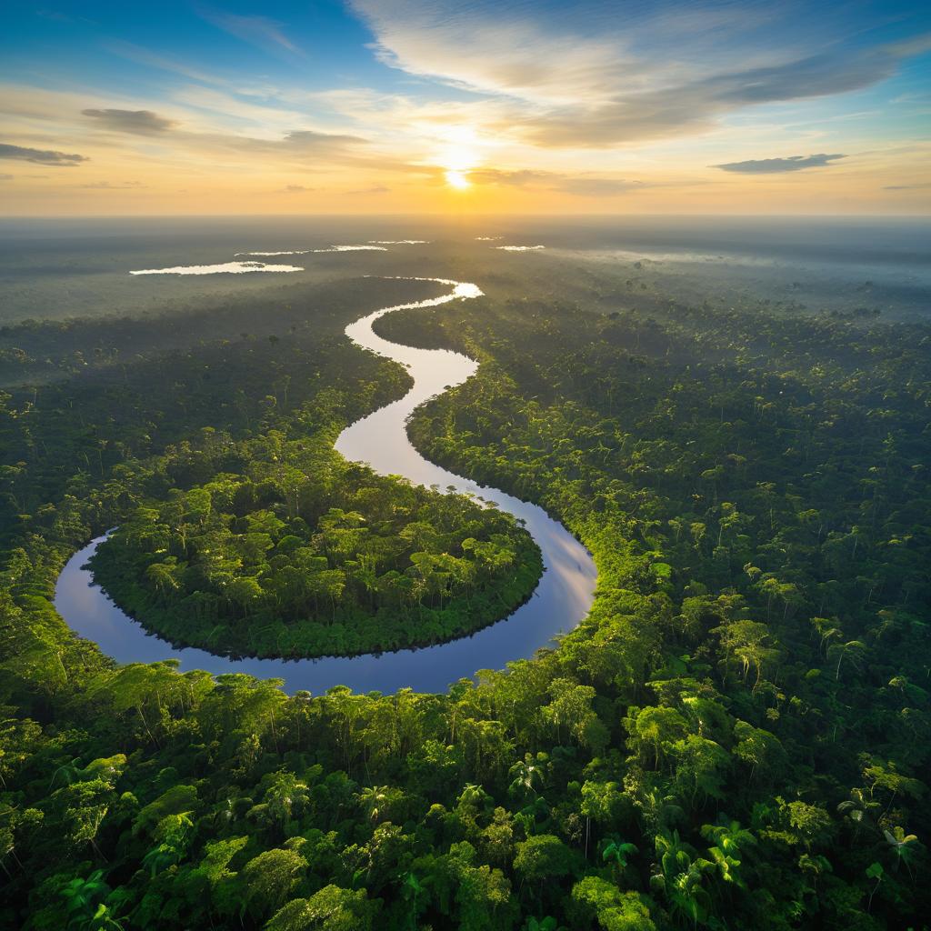 Aerial Sunrise Over the Amazon Rainforest