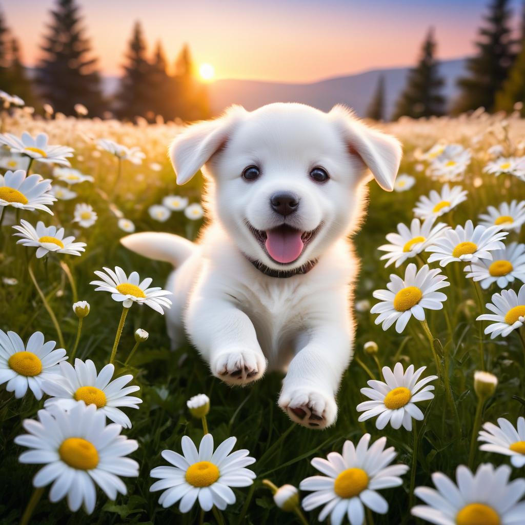 Playful Puppy Amidst Daisies at Twilight