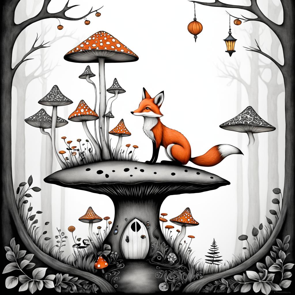 Curious Fox on Whimsical Mushroom Art