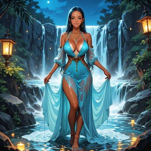 Woman in Blue Dress by Waterfall at Night