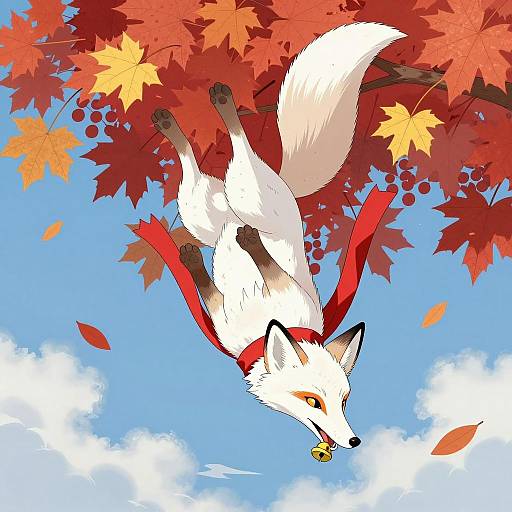 White Fox Floating Among Autumn Leaves