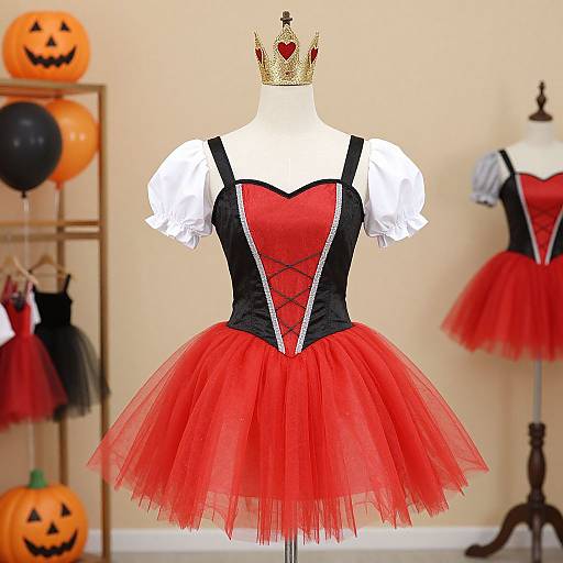 Photograph of a white mannequin wearing a red and black corseted tutu dress with white puffed sleeves, gold crown, and Halloween
