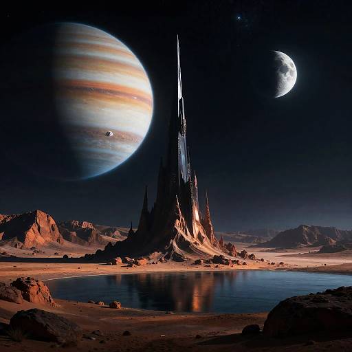 Sci-Fi Landscape with Dark Spire and Gas Giant Planet