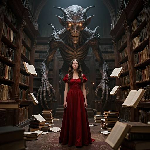 Photograph-style digital art: A young woman in a red dress stands confidently in a dimly lit library, facing a towering, menacing, skeletal monster