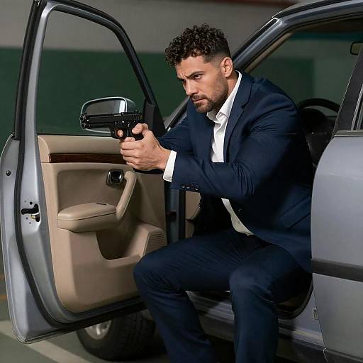 Intense Man with Handgun in Dim Lighting