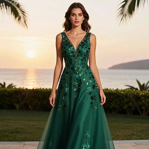 Photograph of a brunette woman in a sleeveless, deep emerald evening gown with floral embroidery, standing outdoors at sunset by the ocean.