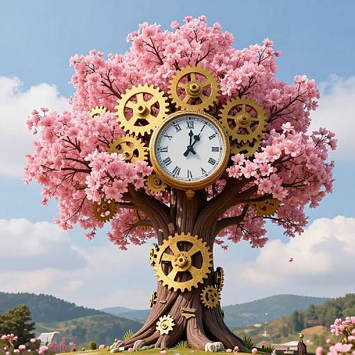 Photograph of a whimsical cherry tree with pink blossoms, featuring a large clock face and golden gears integrated into its trunk, set against a bright