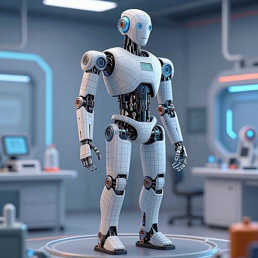 Photorealistic CGI of a white, grid-patterned humanoid robot with blue accents, standing in a futuristic lab with blurred workstations.
