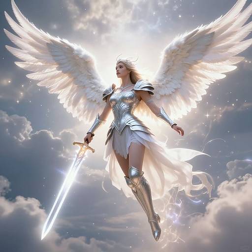 Photorealistic digital artwork of a radiant angelic warrior with white wings, silver armor, and a glowing sword, floating in a cloudy sky.