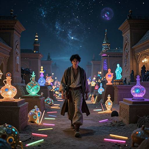 Photograph of a young man in a long black coat, walking through a starry night scene with glowing, colorful, ancient-style vials and illuminated