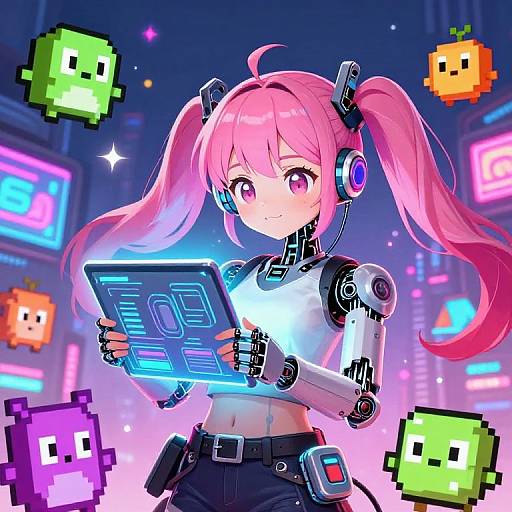 Anime-style digital artwork of a pink-haired girl with twin tails, cybernetic arms, wearing headphones, holding a glowing tablet, in a neon-l