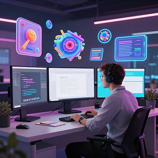 Photograph of a young man with curly hair, wearing headphones, white shirt, and black pants, working at a neon-lit, futuristic desk with