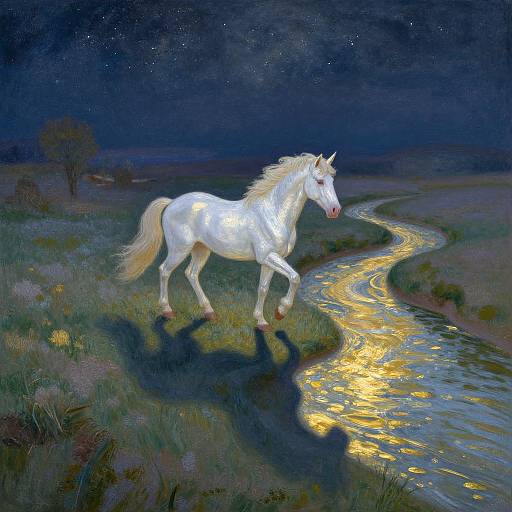 Digital painting of a white horse with a flowing mane and tail, standing on a grassy field beside a glowing, winding stream under a starry night