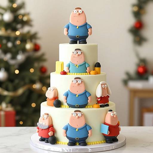 Photograph of a three-tiered cake featuring fondant figures of 