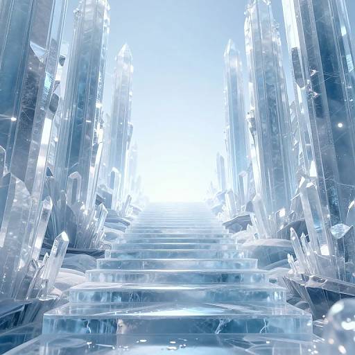 Photograph of a crystalline, clear, icy staircase with reflective surfaces, leading to a bright, white, glowing background.