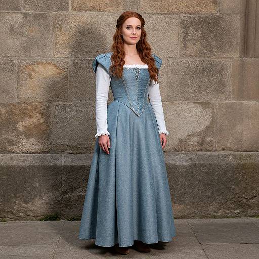 Photograph of a red-haired woman in a blue, medieval-style, long-sleeved dress with white undershirt, standing against a textured stone