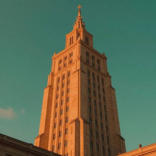 Photograph of a tall, golden-hued, Gothic-style building with intricate spires, illuminated by sunset light, against a clear turquoise sky.