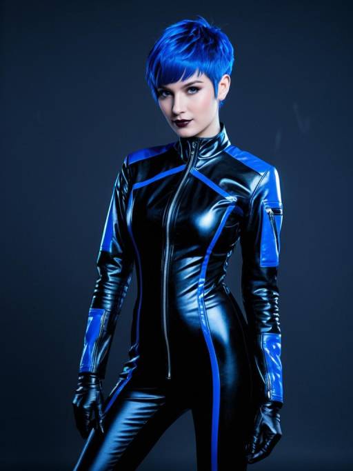 Futuristic Woman in Electric Blue Leather Catsuit