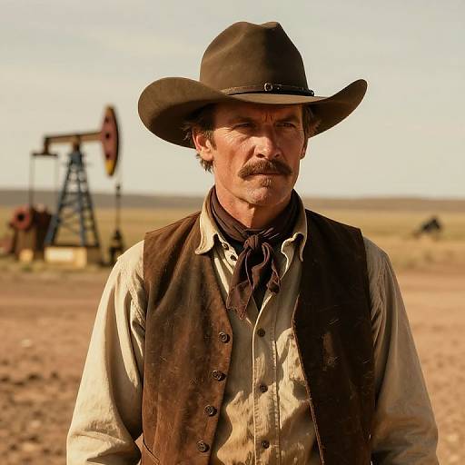 Photograph of a rugged middle-aged man with a mustache, wearing a brown cowboy hat, beige shirt, and brown vest, standing in a dusty