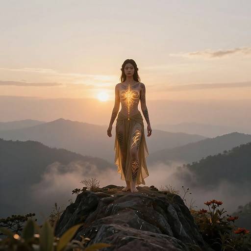 Photograph of a woman with glowing sun-like tattoos, standing on a mountain peak at sunset, wearing a sheer, golden gown, surrounded by misty