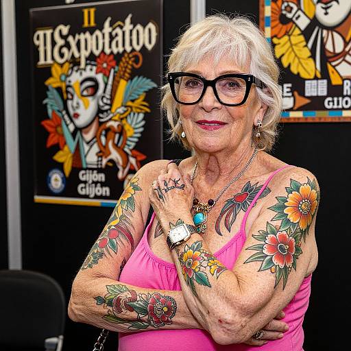 Photograph of an elderly white woman with short white hair, black glasses, and colorful sleeve tattoos, wearing a pink top, smiling, standing in front