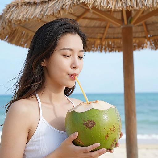 Woman Enjoying Coconut Water by Ocean