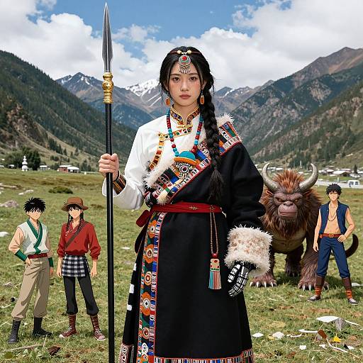 Digital art of a traditional Asian woman in black robe holding spear, with mountain background, two men, and yak. Colorful embroidery and fur details.