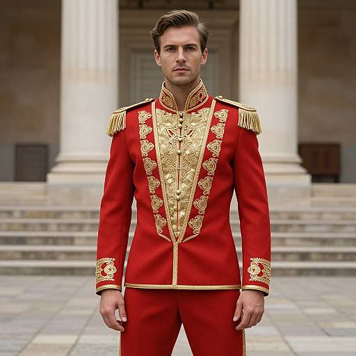 Photograph of a handsome man in a formal red military-style jacket with gold embroidery, standing in front of white columns.