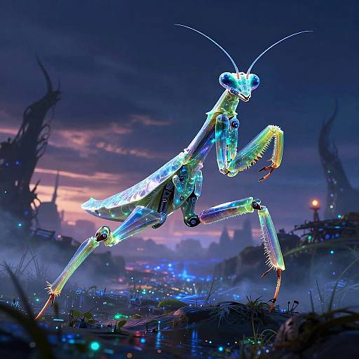 Glowing, neon-blue, robotic mantis insect in a futuristic, twilight landscape with colorful lights, mist, and dark, twisted trees in the