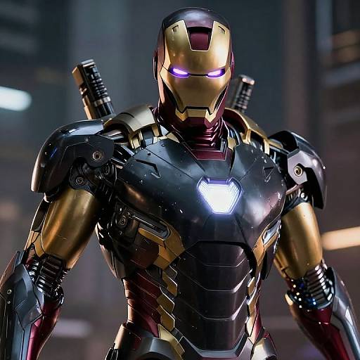 Photorealistic CGI of Iron Man in black and gold armor with glowing purple eyes, standing in a futuristic cityscape at night.