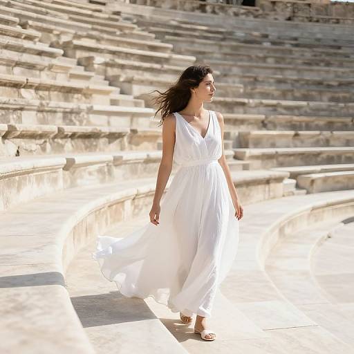 Photograph of a woman with long brown hair in a flowing white sleeveless dress walking on sunlit ancient stone steps.