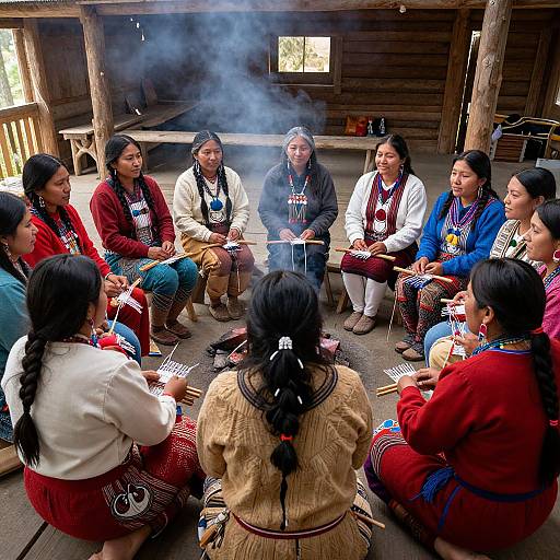 Photograph of nine Indigenous women, sitting in a circle, wearing colorful traditional attire, smoking a ceremonial pipe under a wooden gazebo.