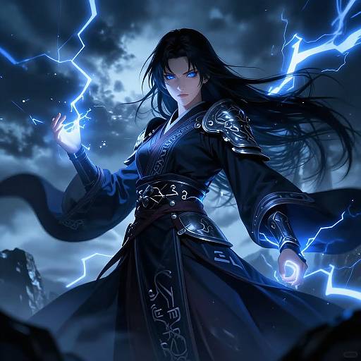 Digital anime artwork of a fierce, blue-eyed warrior with long black hair, wearing ornate black armor, surrounded by bright blue lightning.
